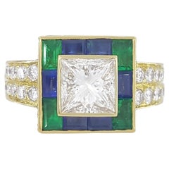 Bague Tiffany & Co. 18K, 5,89 ctw, diamant taille princesse et saphir bleu taille baguette