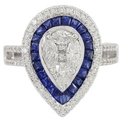 Diamond & Sapphire Cluster Pear Shape Round Brilliant Marquise Cut Diamond Ring