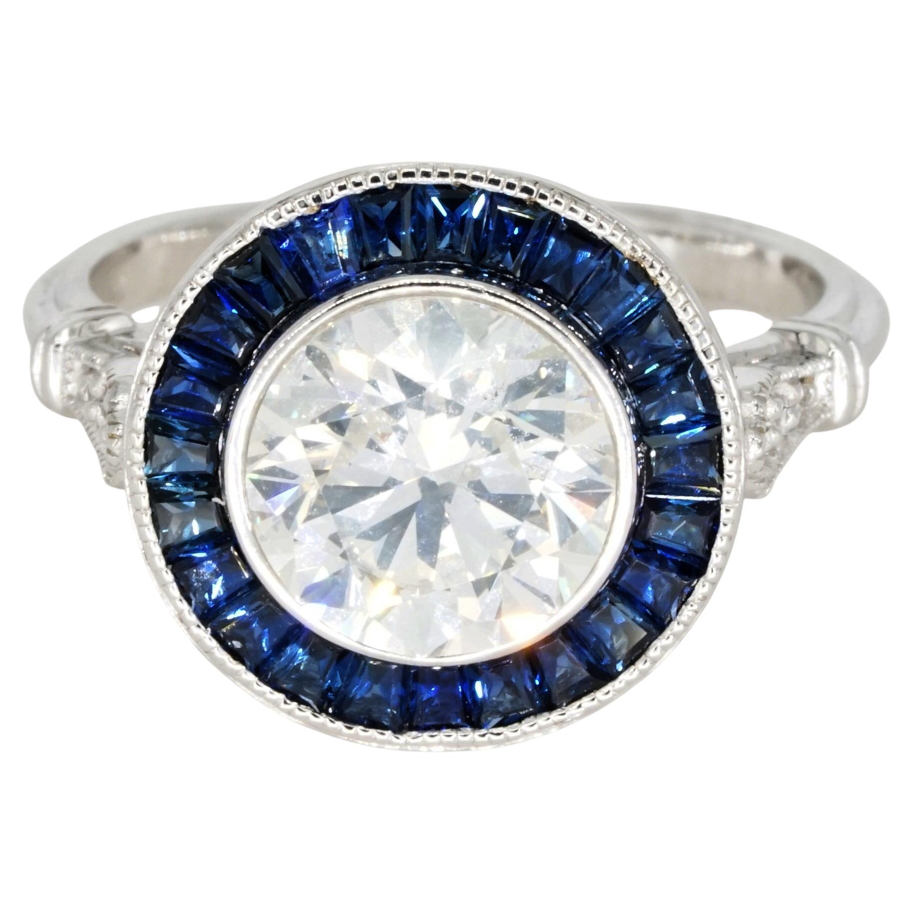 GIA Certified Art Deco 2.20 Carat Round Brilliant and Blue Sapphire Ring For Sale