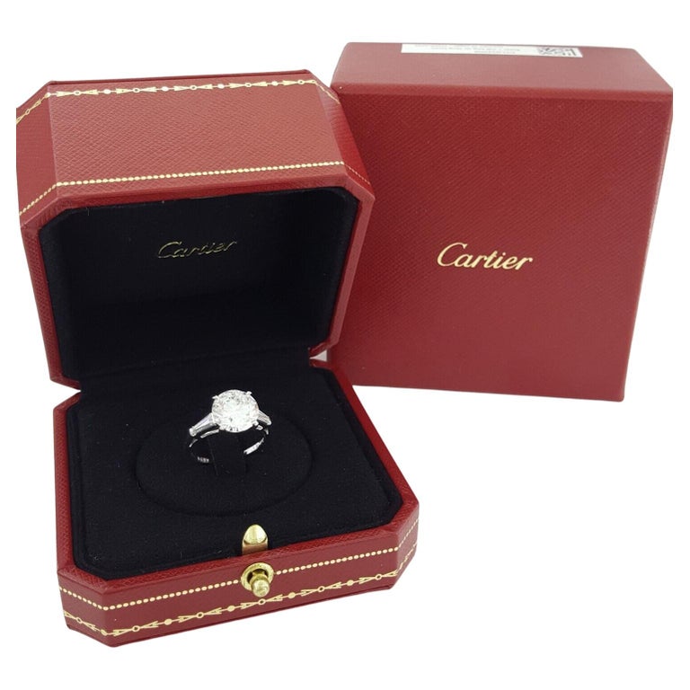 Cushion Cut Cartier Three 3-Stone Platinum Round Brilliant Cut Diamond Engagement Ring For Sale
