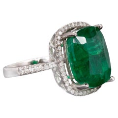 8 Carat Cushion Cut Deep Green Natural Emerald White Gold Ring