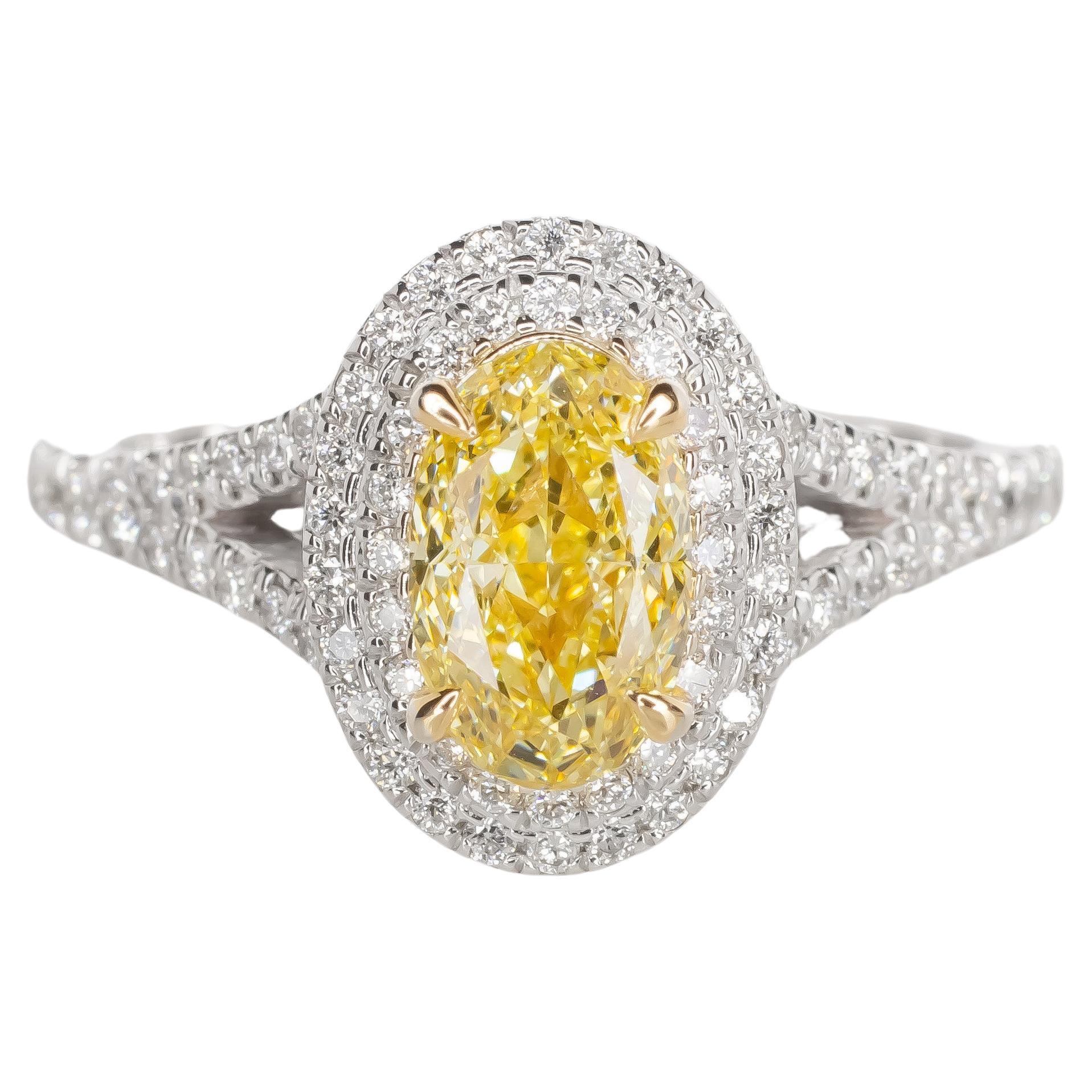 GIA Certified Fancy Yellow VVS2 Oval Diamond Double Halo Gold Ring  For Sale