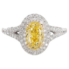 GIA Certified Fancy Yellow VVS2 Oval Diamond Double Halo Gold Ring 