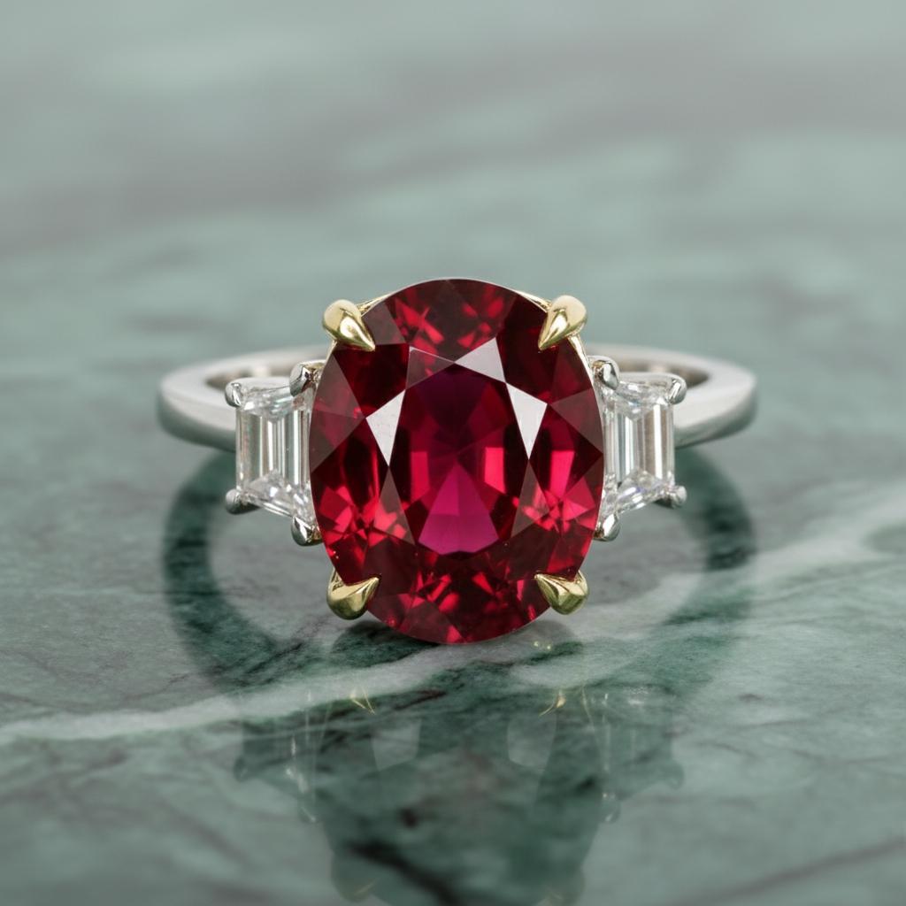 Contemporaneo Anello con rubino ovale certificato GIA da 4,07 carati, senza Whiting, in oro bianco e giallo 18 carati in vendita