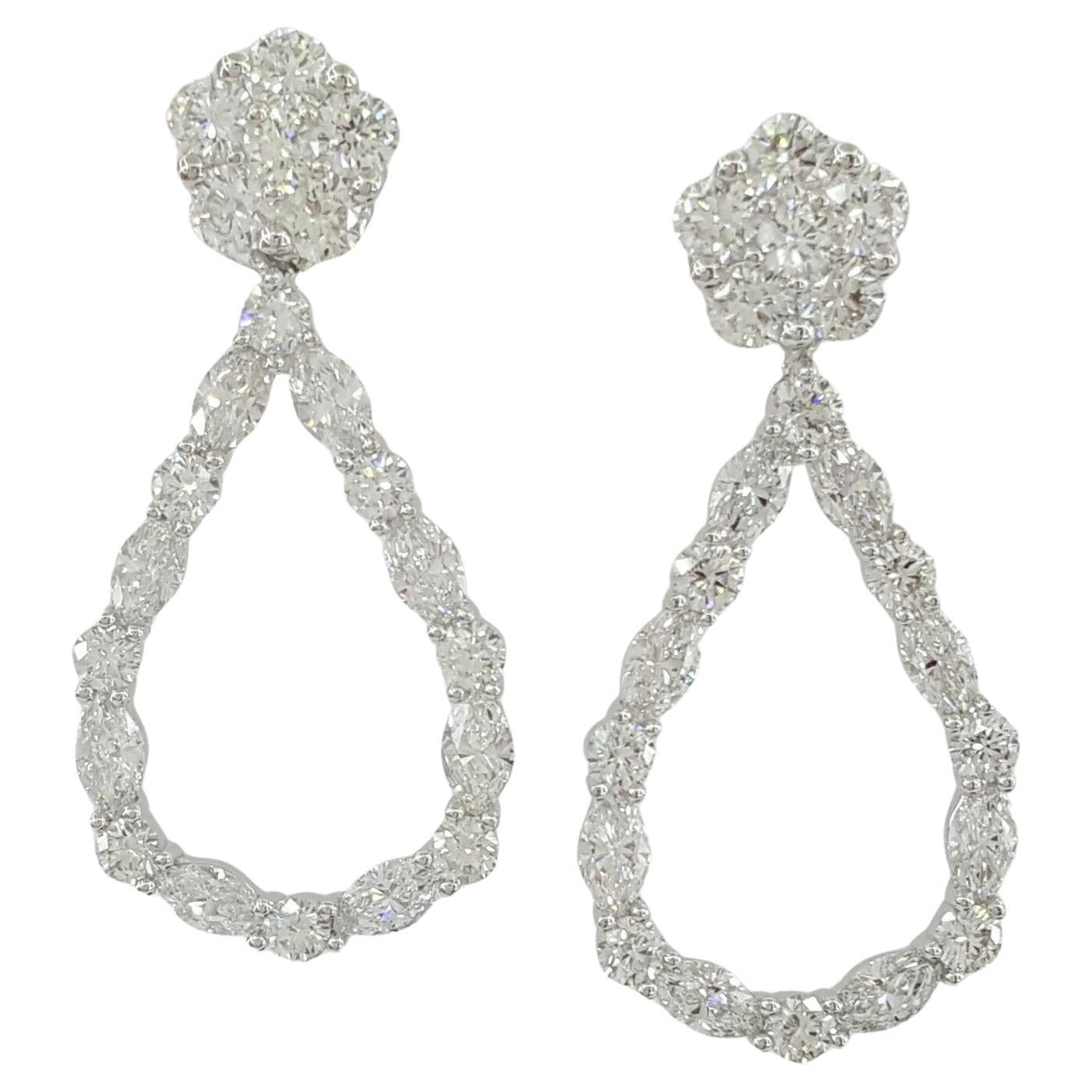 4.40 Carat Round & Marquise Diamond Teardrop Dangle Earrings For Sale