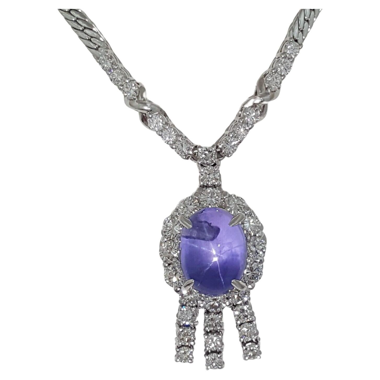  9 Carat Cabochon Star Sapphire with 2 Ct. Round Brilliant Cut Diamond Necklace