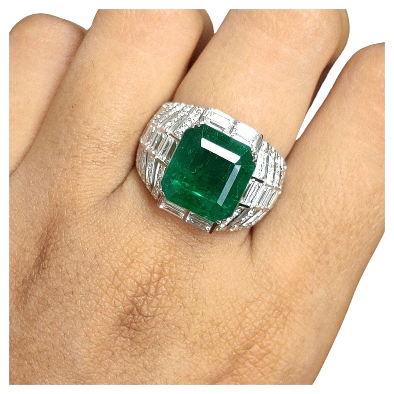 Certified 5.74 Carat Zambian Green Emerald Diamond Ring  For Sale