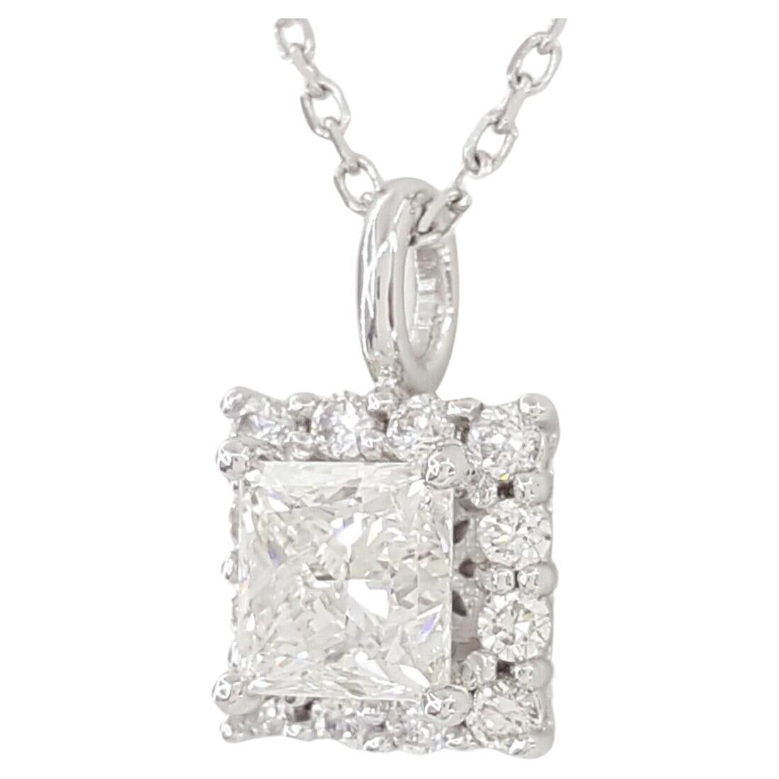 Princess Brilliant Cut Diamond Halo Necklace For Sale