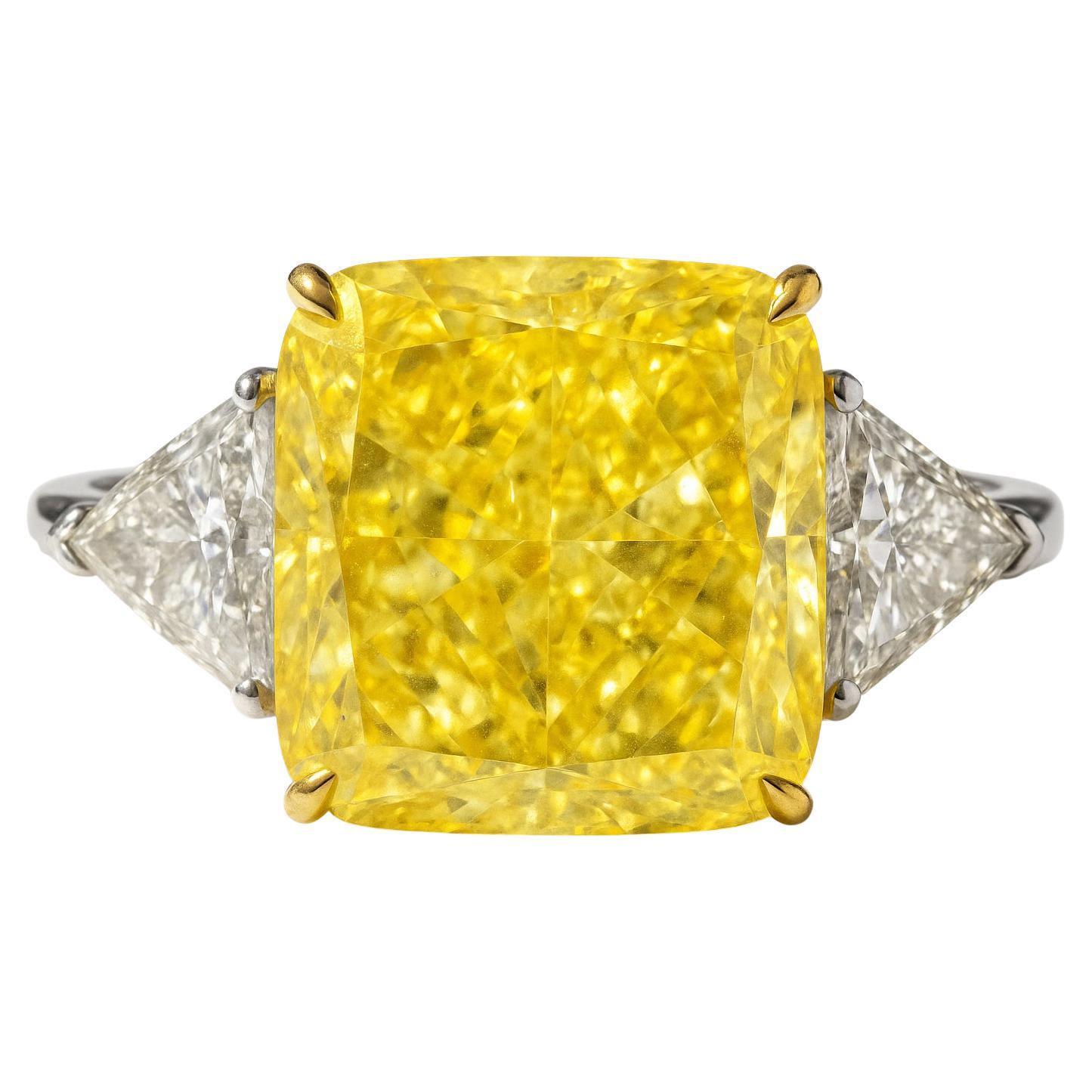 GIA Certified 4 Carat Cushion Fancy Intense Yellow Diamond Ring For Sale