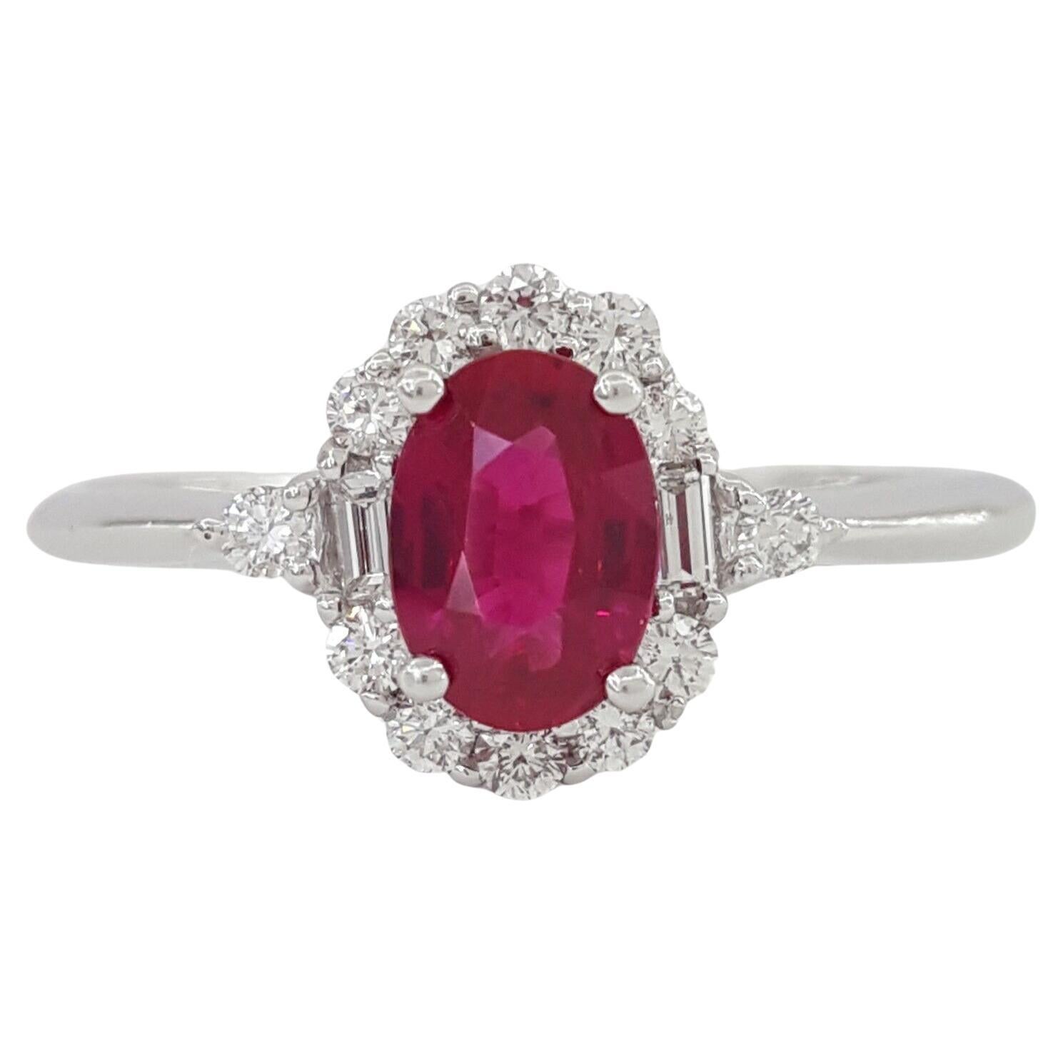 Oval Cut Ruby Baguette & Round Brilliant Cut Diamond Halo Engagement Ring  For Sale