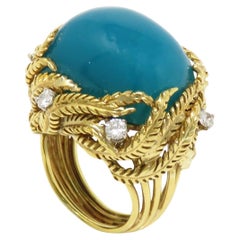David Webb Diamond and Turquoise 18k Yellow Gold Platinum Diamond Ring