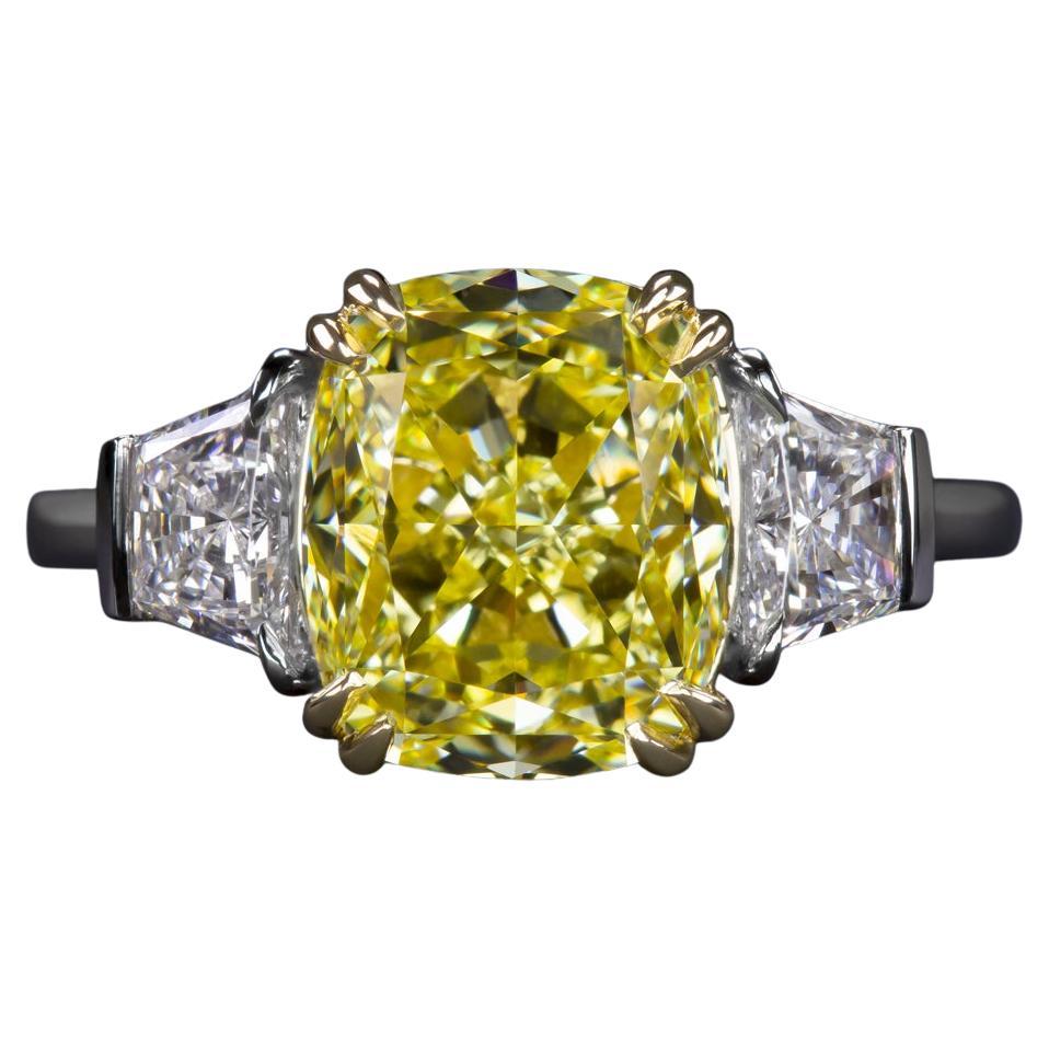 GIA Certified 5.02 Carat Cushion Fancy Yellow Diamond Ring VS1 Clarity
