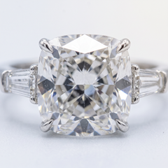 GIA Certified 5.06 Carat Cushion Cut Diamond E Color Ring with Tapered Baguette