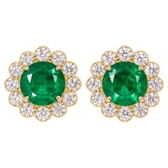GRS Certified Vivid Green Colombian Emerald Diamond Yellow Gold Earrings