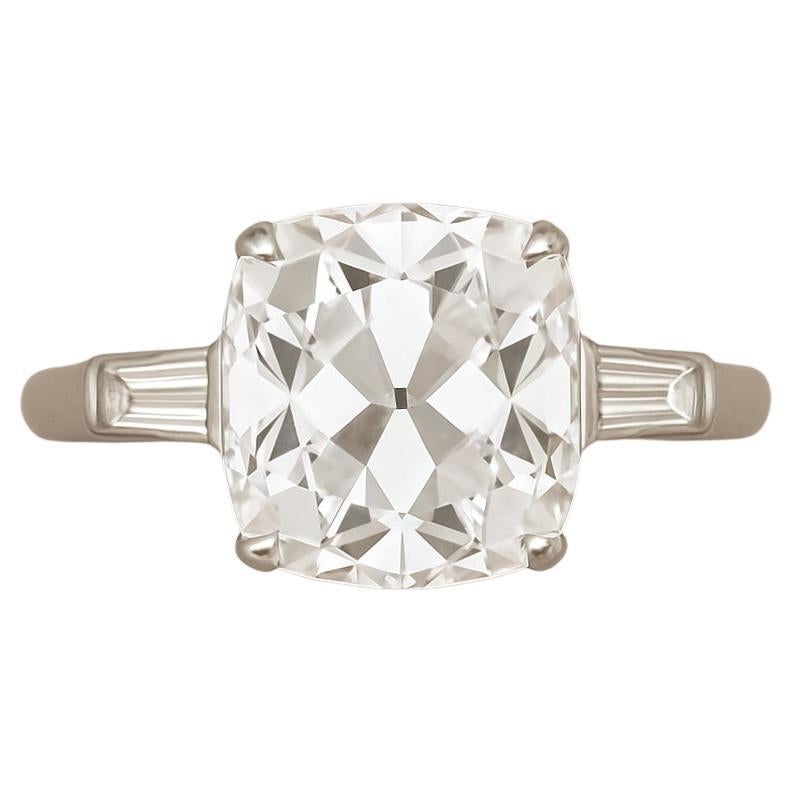 1.89 Carat Old Mine Cut Diamond and Tapered Baguette Platinum Engagement Ring For Sale