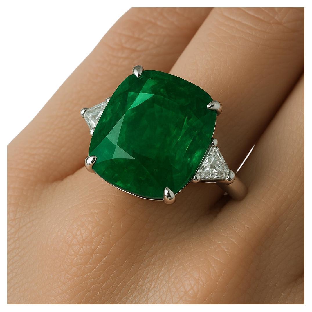GRS Certified 14.11 Carat Natural Green Emerald Minor Oil Diamond Platinum Ring