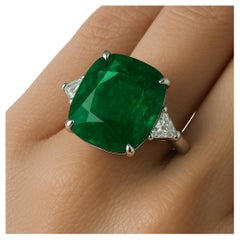 GRS Certified 14.11 Carat Natural Green Emerald Minor Oil Diamond Platinum Ring