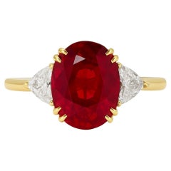 GRS Certified 3 Carat Oval VIVID Red Ruby Ring 18k Yellow Gold