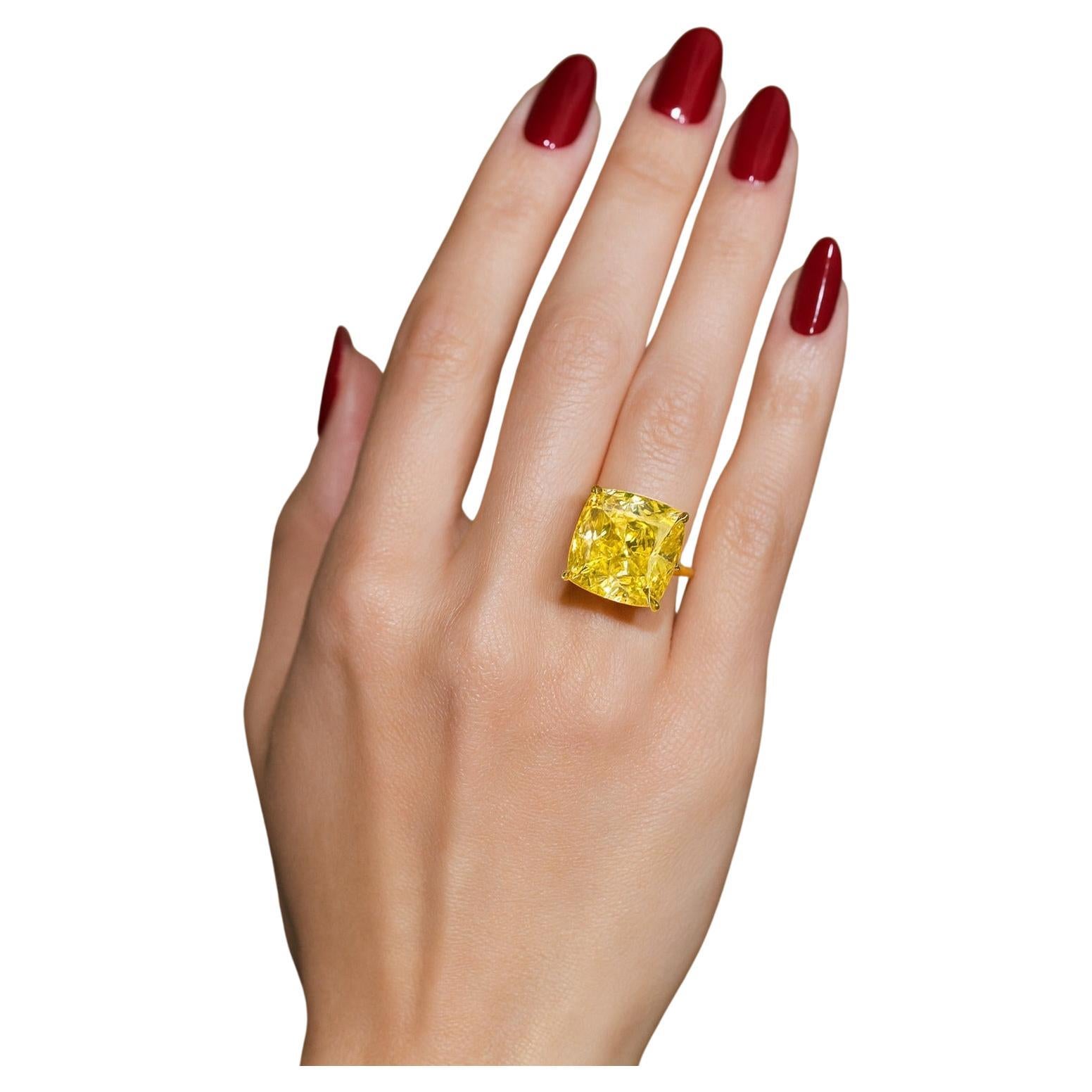 GIA Certified 30.04 Carat Fancy Vivid Yellow Cushion Diamond Ring For Sale