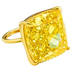 GIA Certified 30.04 Carat Fancy Vivid Yellow Cushion Diamond Ring