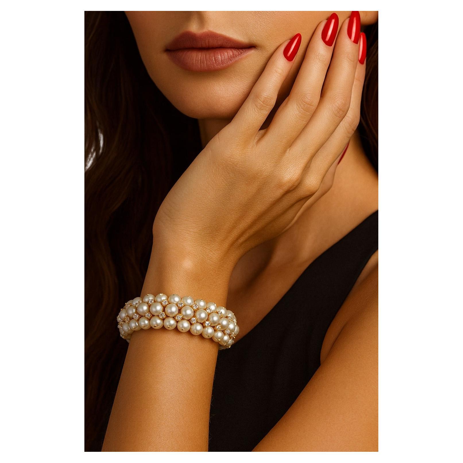 Van Cleef & Arpels Vintage 18K Gelbgold Diamant- und Zuchtperlenarmband