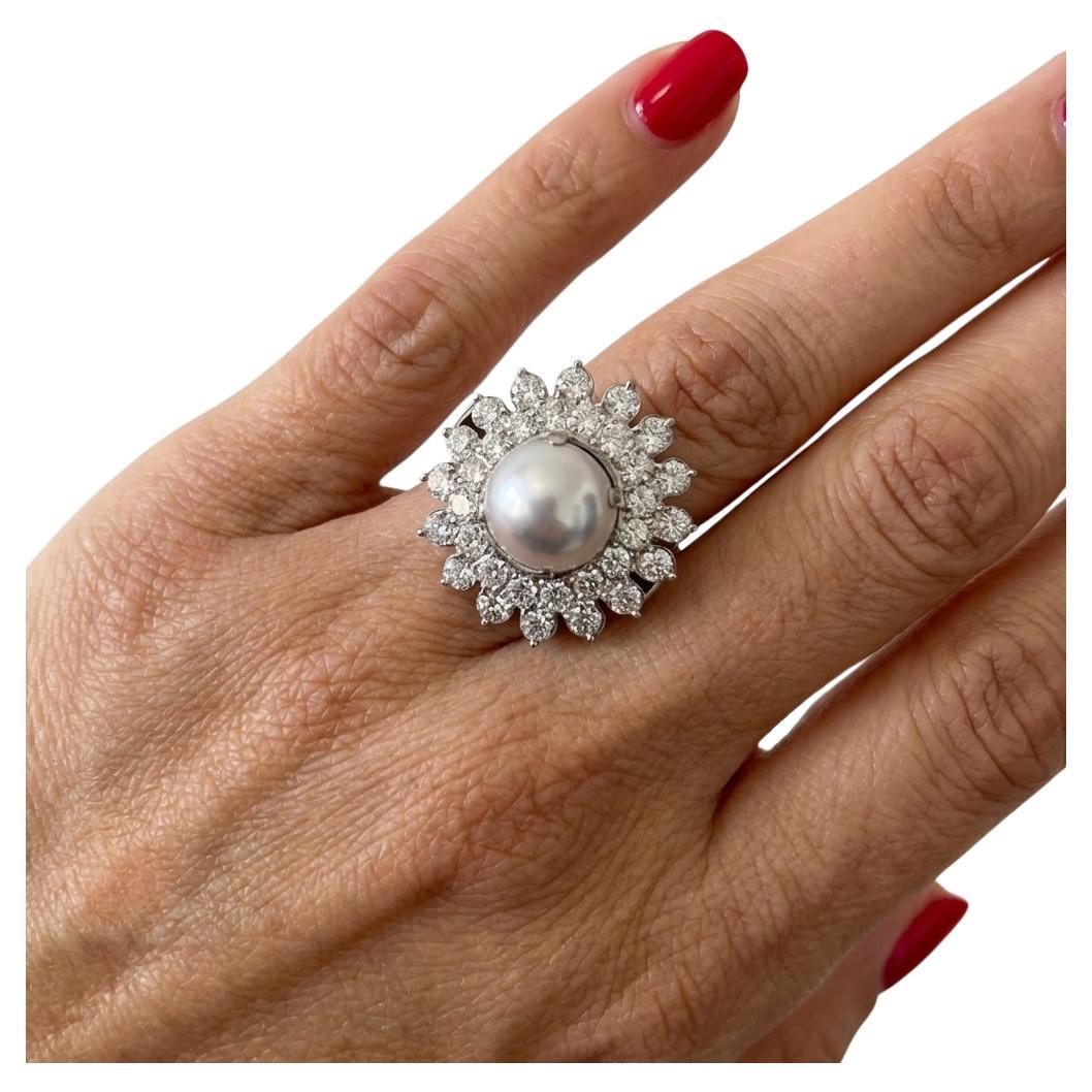 18K Gold Natural Pearl 
4 Carat Diamond Ring For Sale
