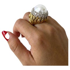 Vintage David Webb, anello con perle e diamanti in oro giallo 18 carati e platino