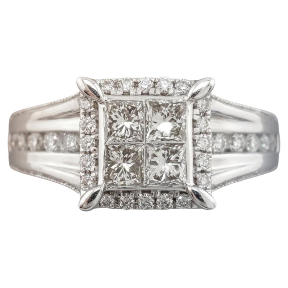 Princess Cut Diamond Invisible Set Halo Engagement Ring in 14K White Gold