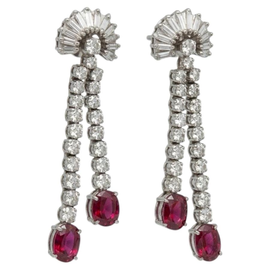 6 Carat Ruby Diamond Dangle Earrings in 18k White Gold For Sale
