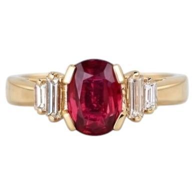 GIA Certified 1 Carat Oval Ruby Baguette Diamond Three-Stone Ring