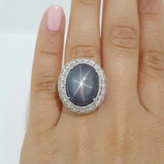 16 Carat Star Sapphire and Diamond Halo Cocktail Ring in 18k White Gold