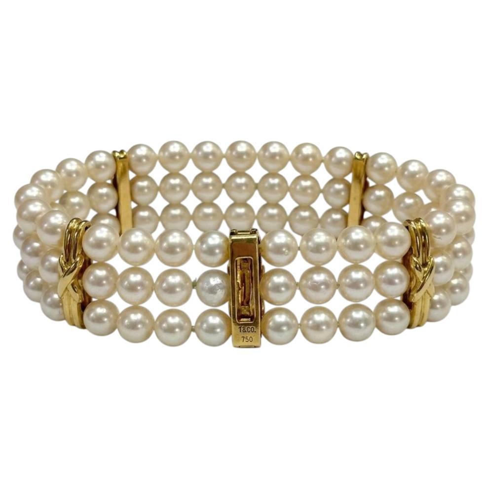 Tiffany & Co. Signature X Akoya Pearl Triple-Strand 18k Yellow Gold Bracelet