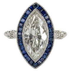 3 Carat Marquise Diamond and Sapphire Halo Art Deco Style Ring