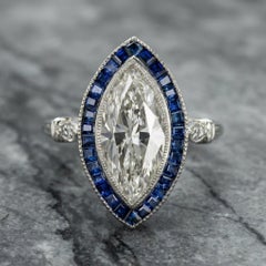 3 Carat Marquise Diamond and Sapphire Halo Art Deco Style Ring