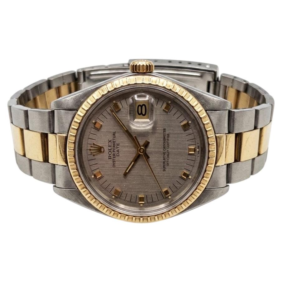 Rolex Oyster Perpetual Date 34mm Two-Tone Engine Turned Bezel Wrist Watch For Sale