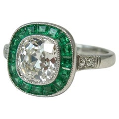 1 Carat Old Mine Cushion Diamond Emerald Halo Art Deco Style Ring