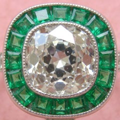 1 Carat Old Mine Cushion Diamond Emerald Halo Art Deco Style Ring