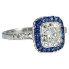 EGL Certified 1 Carat Cushion Diamond Sapphire Art Deco Style Halo Ring