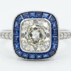 EGL Certified 1 Carat Cushion Diamond Sapphire Art Deco Style Halo Ring