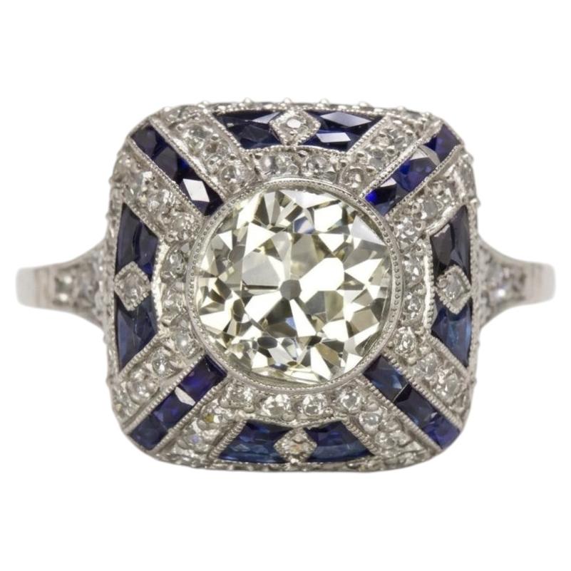 2 Carat Old European Cut Diamond Sapphire Art Deco Style Platinum Ring For Sale