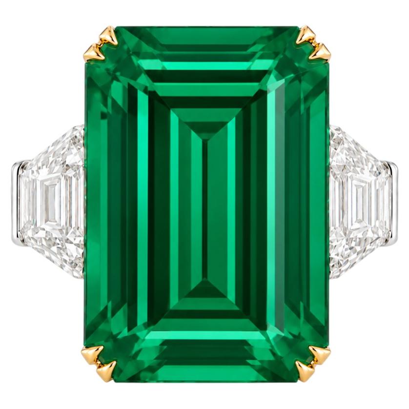 18.35 Carat Colombian Muzo Green Emerald Diamond Three Stone Ring GRS