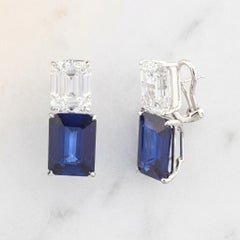 Platinum Emerald Cut Diamond and Unheated Vivid Blue Sapphire Earrings