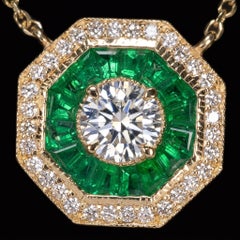 Diamond and Emerald Octagon Pendant Necklace in 14k Yellow Gold