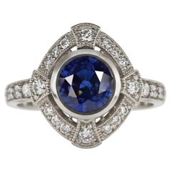 2 Carat Sapphire Diamond Halo Art Deco Style Cocktail Ring in Platinum
