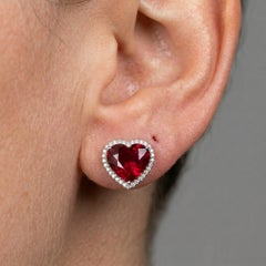 GRS Certified 4.20 Carat Unheated Mozambique Ruby Heart Diamond Earrings