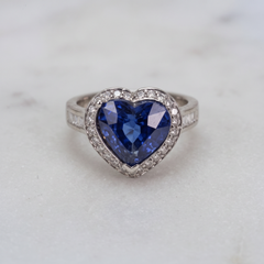 GIA 7.18 Carat Unheated Sri Lanka Blue Sapphire Heart Diamond Halo Ring