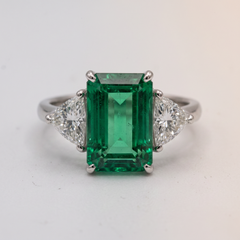 7.63 Carat Colombian Natural Emerald and Diamond Three Stone Platinum Ring