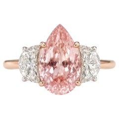 3.64 Carat Unheated Padparadscha Sapphire and Diamond Three Stone Ring
