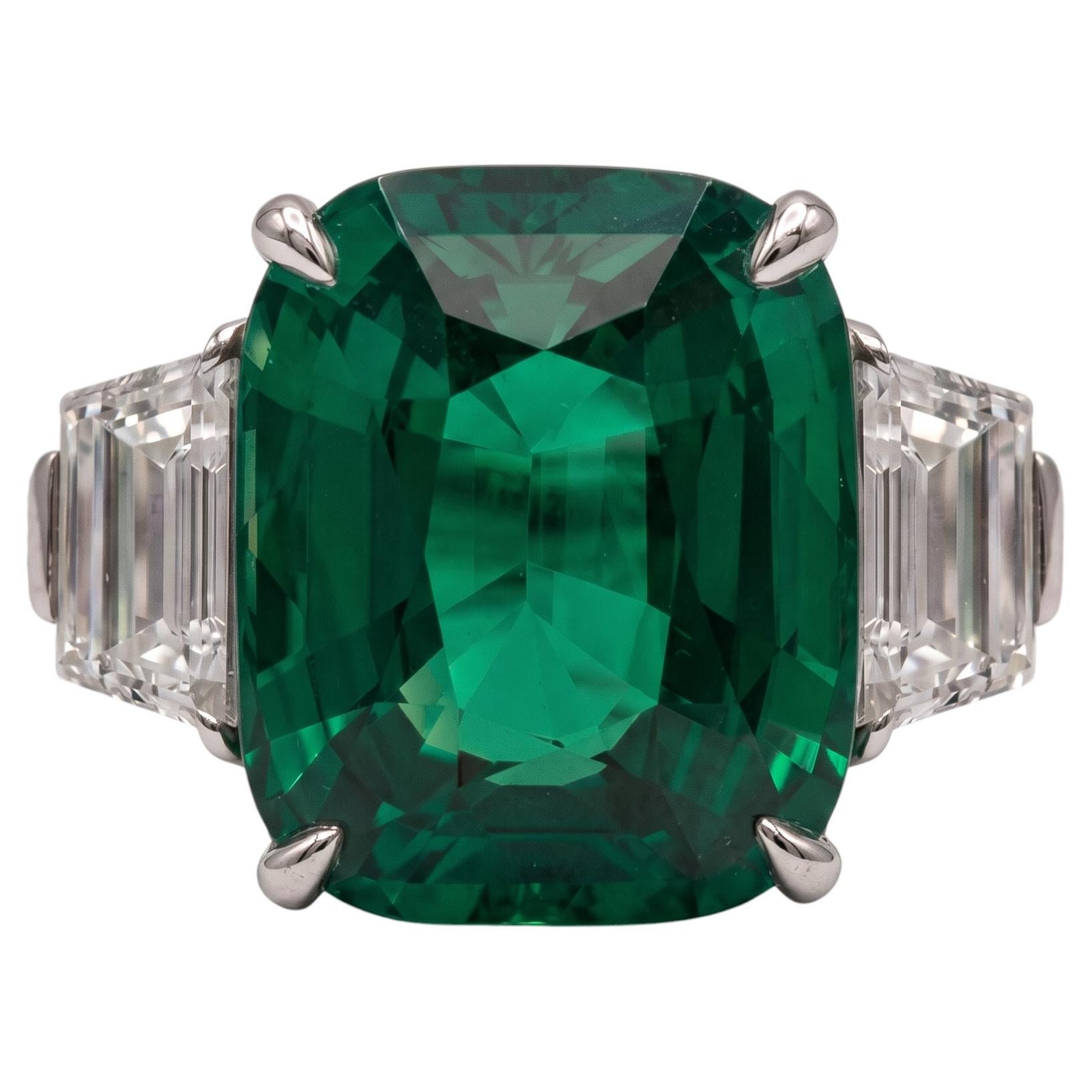 11.82 Carat Colombian Vivid Green Cushion Emerald and Diamond Platinum Ring For Sale