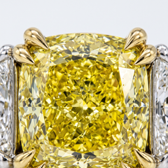 GIA 3.01 Carat Fancy Intense Yellow VS1 Cushion Diamond Three Stone Ring